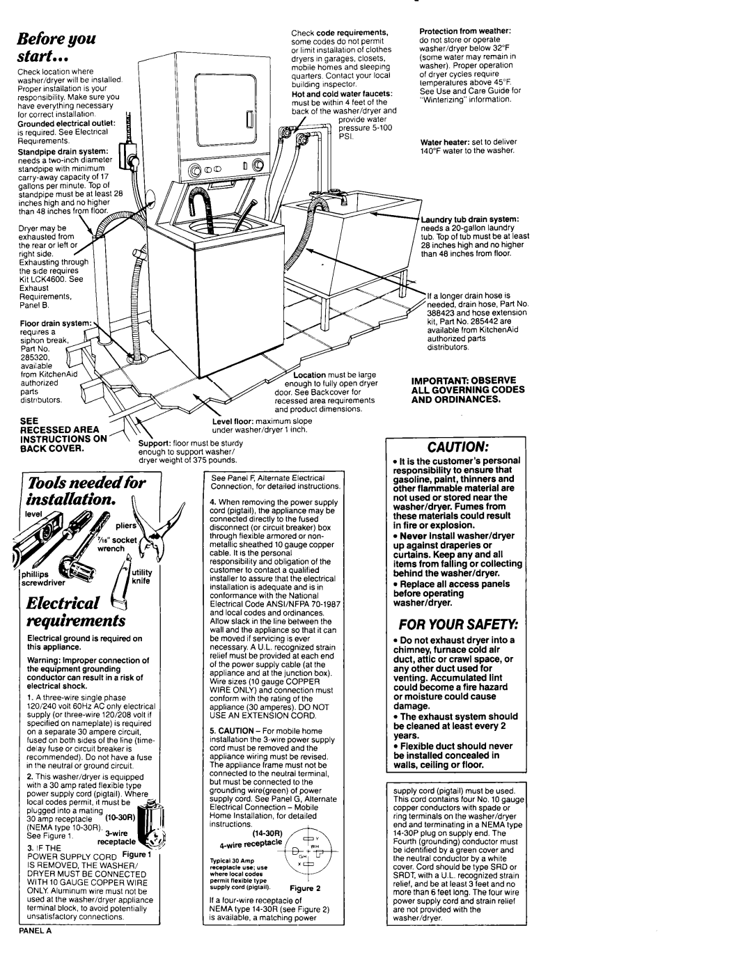 KitchenAid Washer/Dryer ALL Governing Codes, See, Nema, Supply Cord, Is REMOVED, the Washer, Must be Connected, 4NEL a 