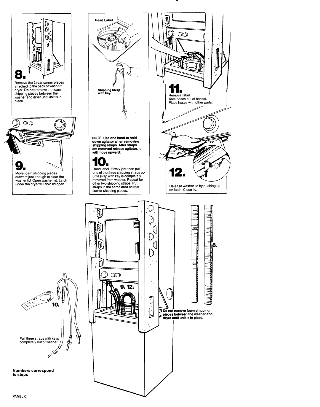 KitchenAid Washer/Dryer installation instructions Numbers correspond, Shlpplng Strap with key, Panel C 