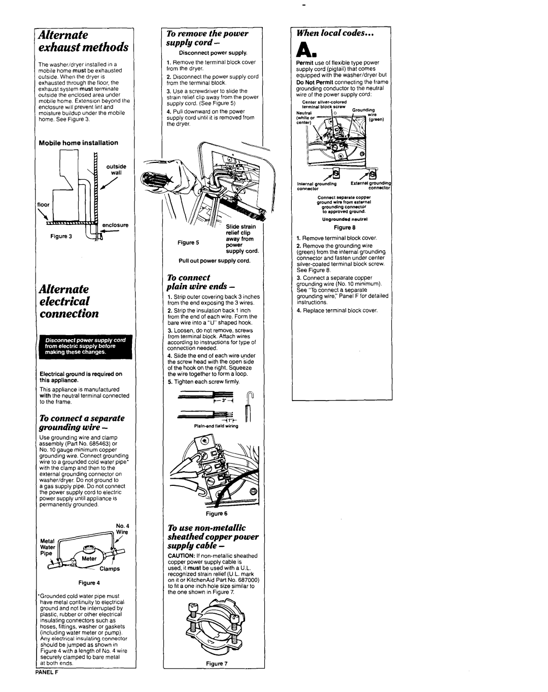 KitchenAid Washer/Dryer installation instructions Alternate exhaust methods, Alternate electrical connection, 4NEL F 