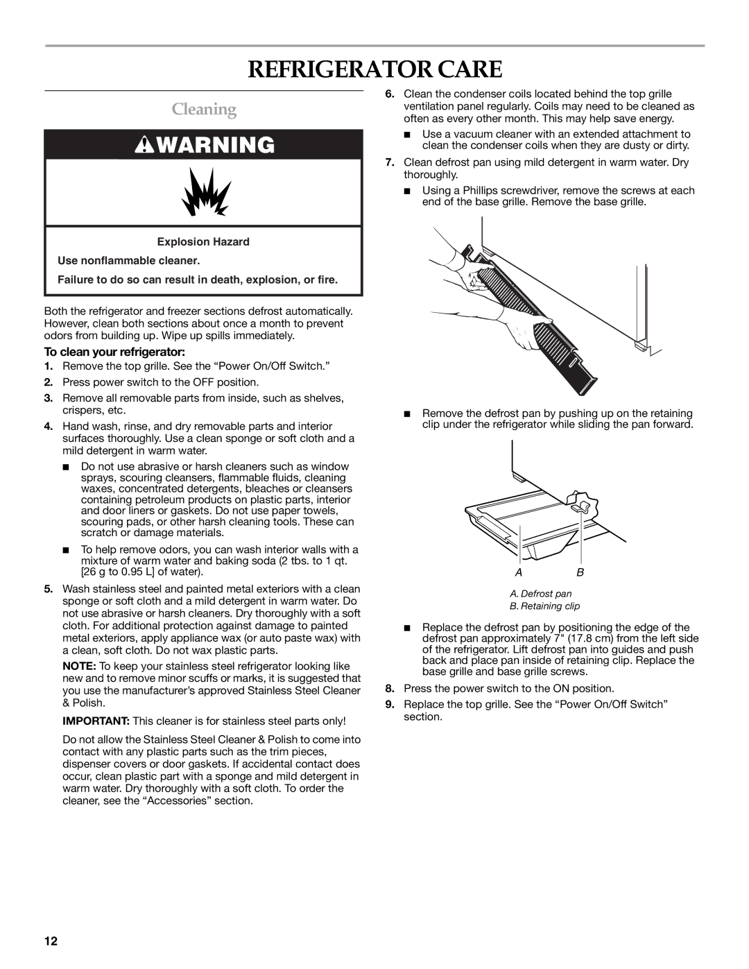 KitchenAid WF-LC400V manual Refrigerator Care, Cleaning, To clean your refrigerator 