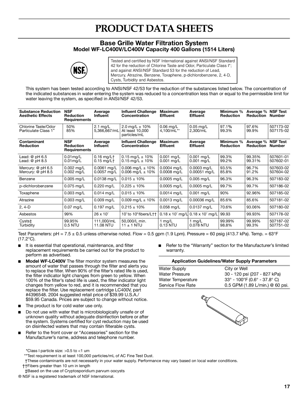 KitchenAid WF-LC400V manual Product Data Sheets, Application Guidelines/Water Supply Parameters 