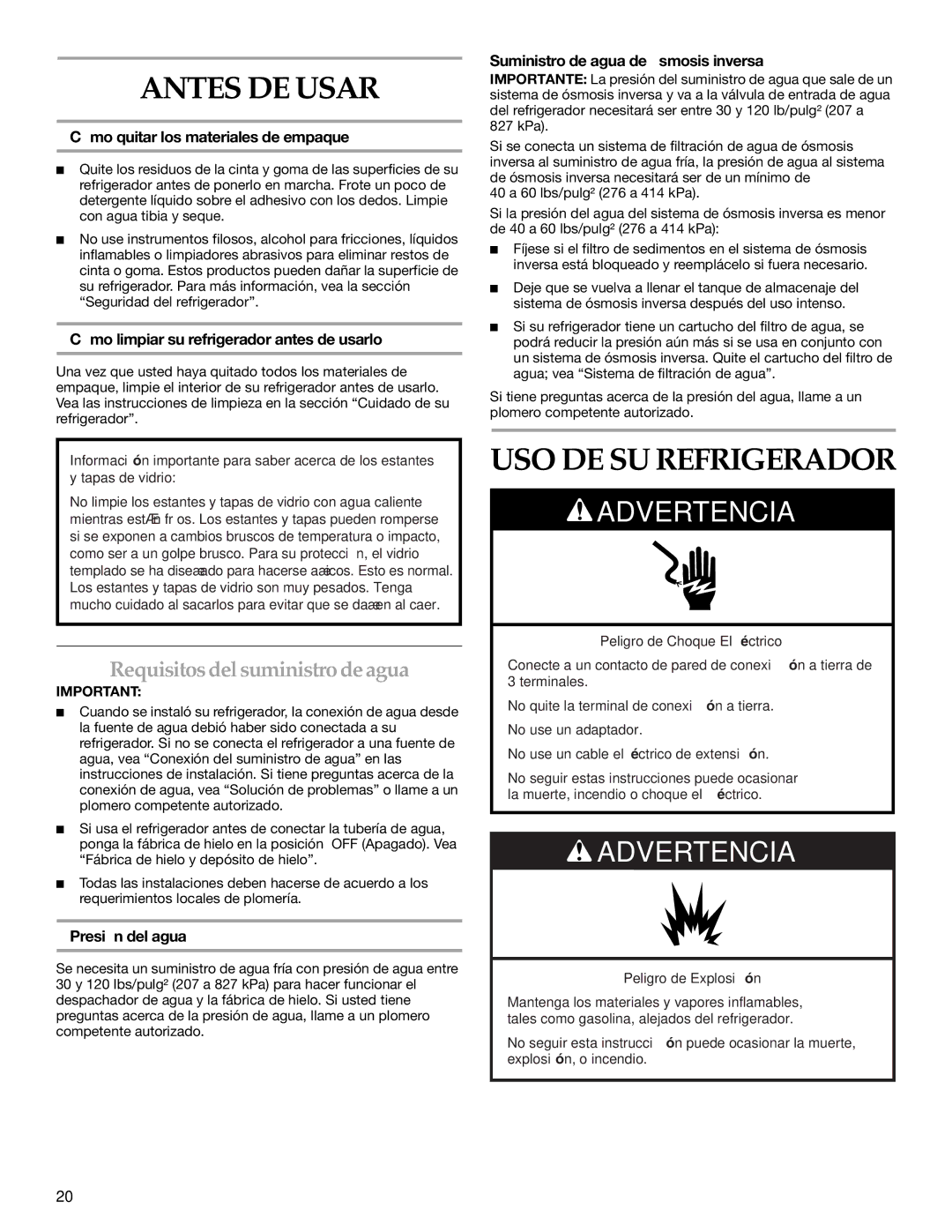 KitchenAid WF-LC400V manual Antes DE Usar, USO DE SU Refrigerador, Requisitos del suministro de agua 