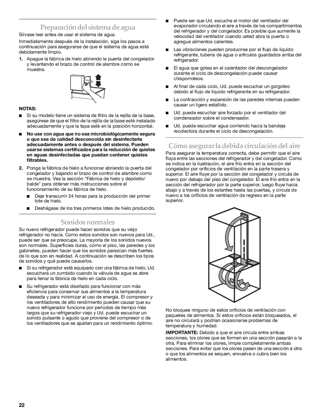 KitchenAid WF-LC400V manual Preparación del sistema de agua, Sonidos normales, Cómo asegurar la debida circulación del aire 