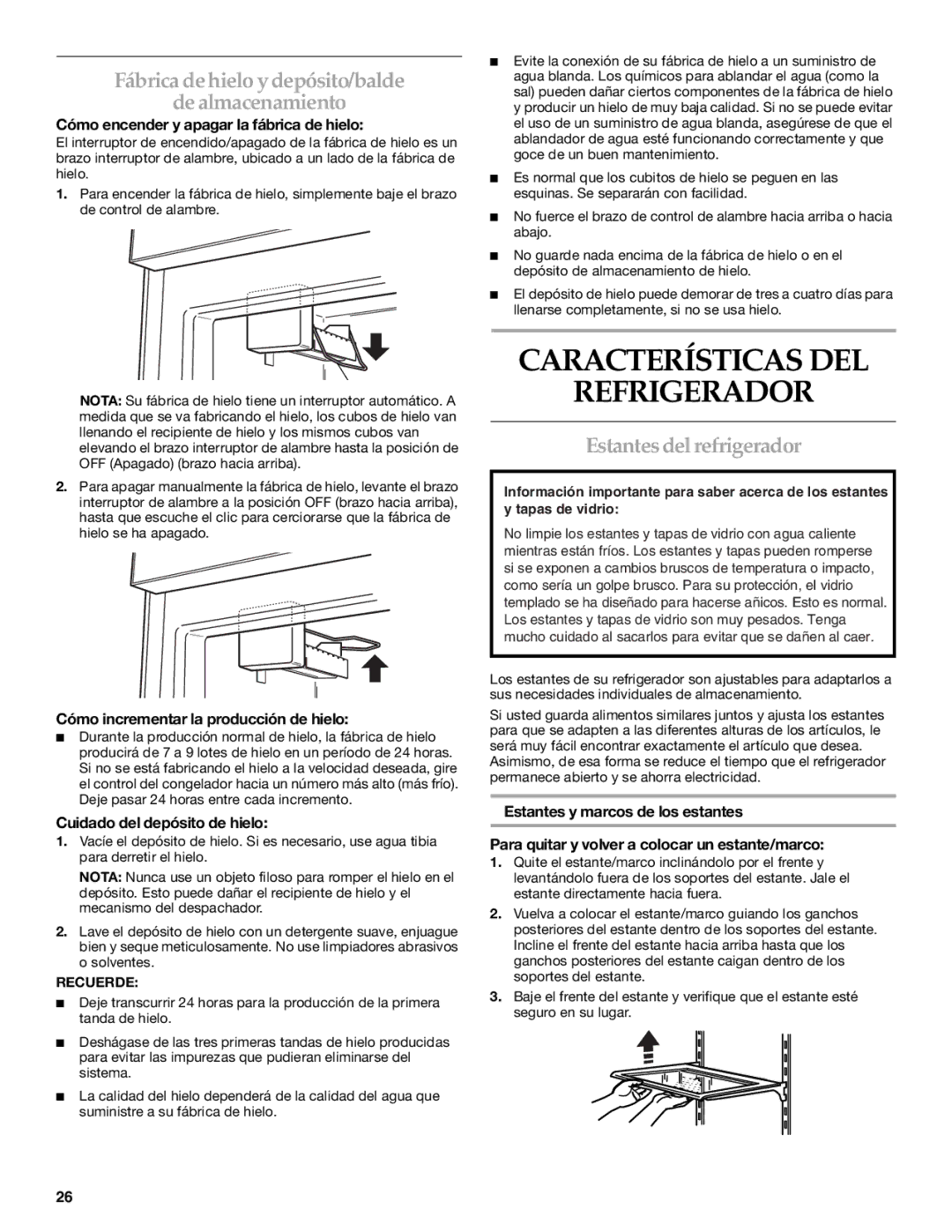 KitchenAid WF-LC400V manual Características DEL Refrigerador, Fábrica de hielo y depósito/balde De almacenamiento 