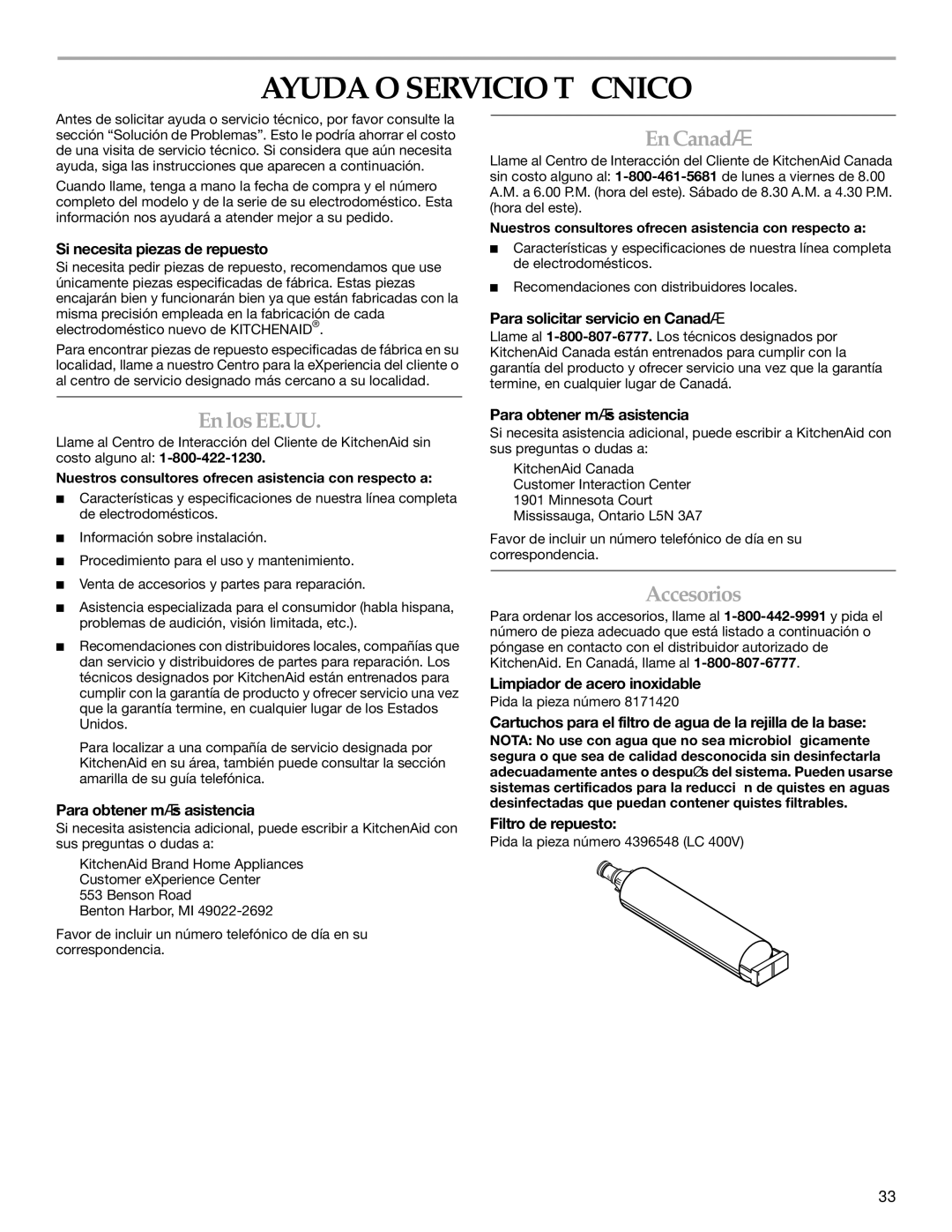 KitchenAid WF-LC400V manual Ayuda O Servicio Técnico, En Canadá, En los EE.UU, Accesorios 