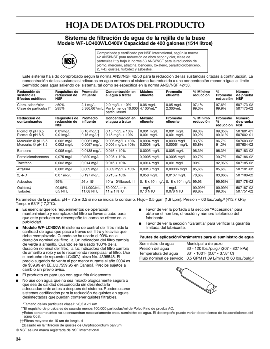 KitchenAid WF-LC400V manual Hoja DE Datos DEL Producto, Pautas de aplicación/Parámetros para el suministro de agua 