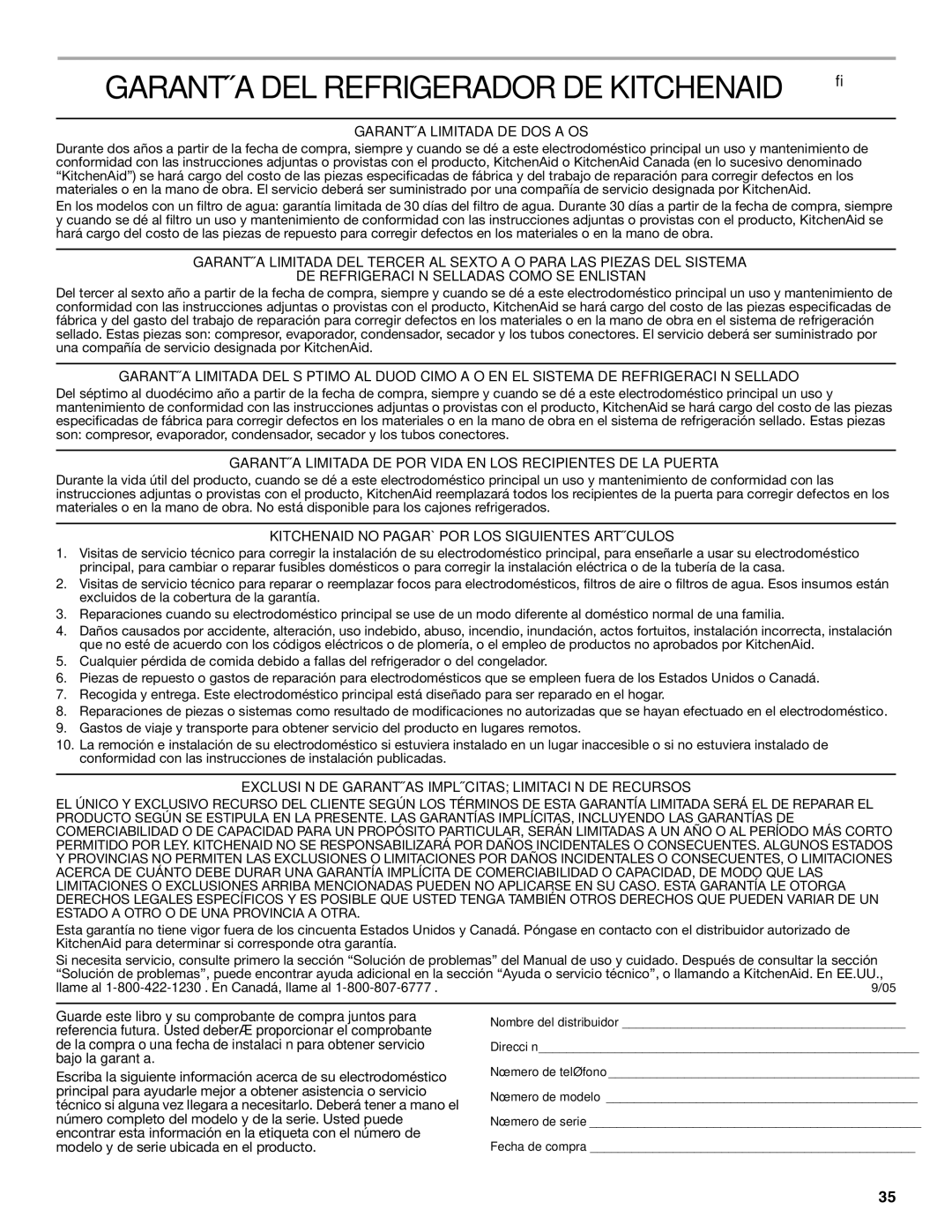 KitchenAid WF-LC400V manual Garantía DEL Refrigerador DE Kitchenaid, Garantía Limitada DE DOS Años 