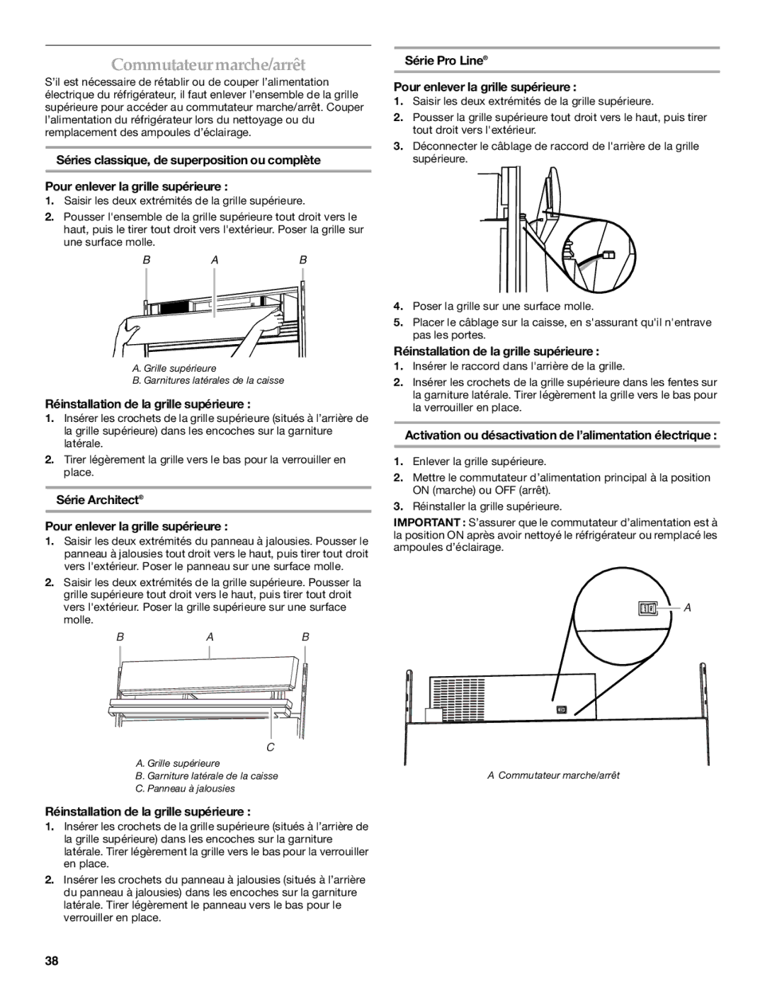 KitchenAid WF-LC400V manual Commutateur marche/arrêt, Réinstallation de la grille supérieure 