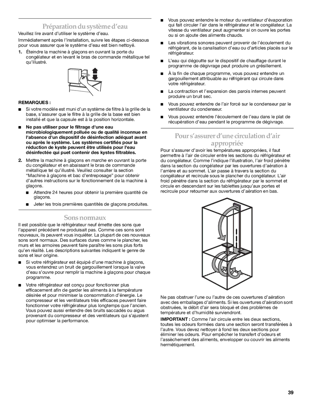 KitchenAid WF-LC400V manual Préparation du système d’eau, Sons normaux, Pour s’assurer d’une circulation d’air Appropriée 