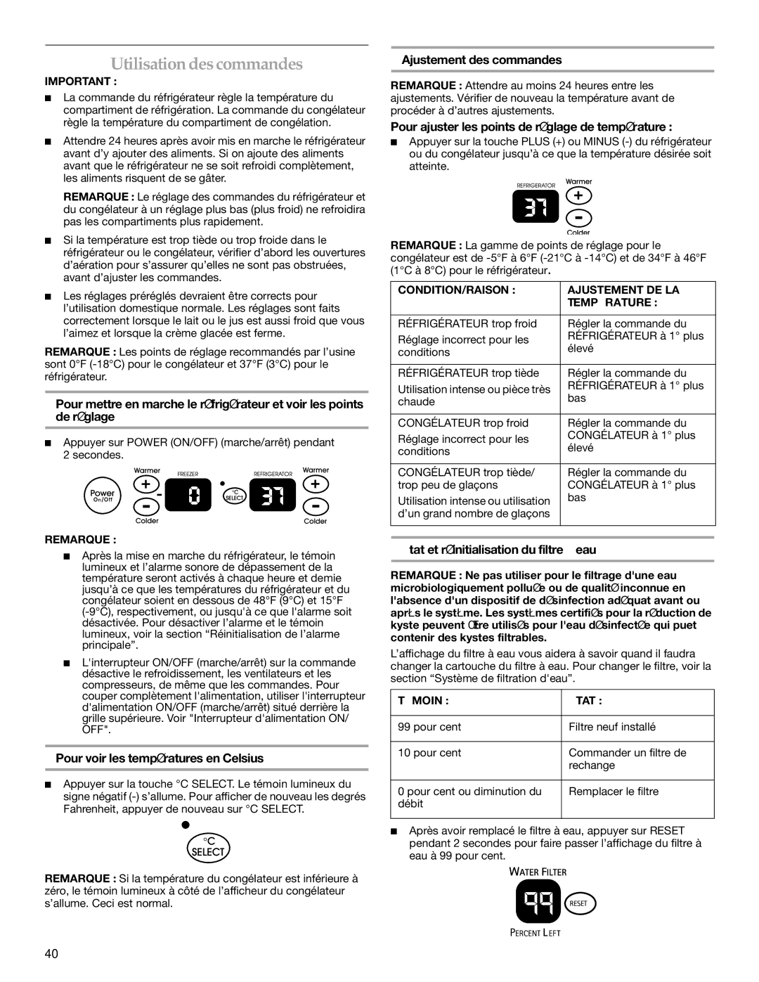 KitchenAid WF-LC400V manual Utilisation des commandes, Pour voir les températures en Celsius, Ajustement des commandes 