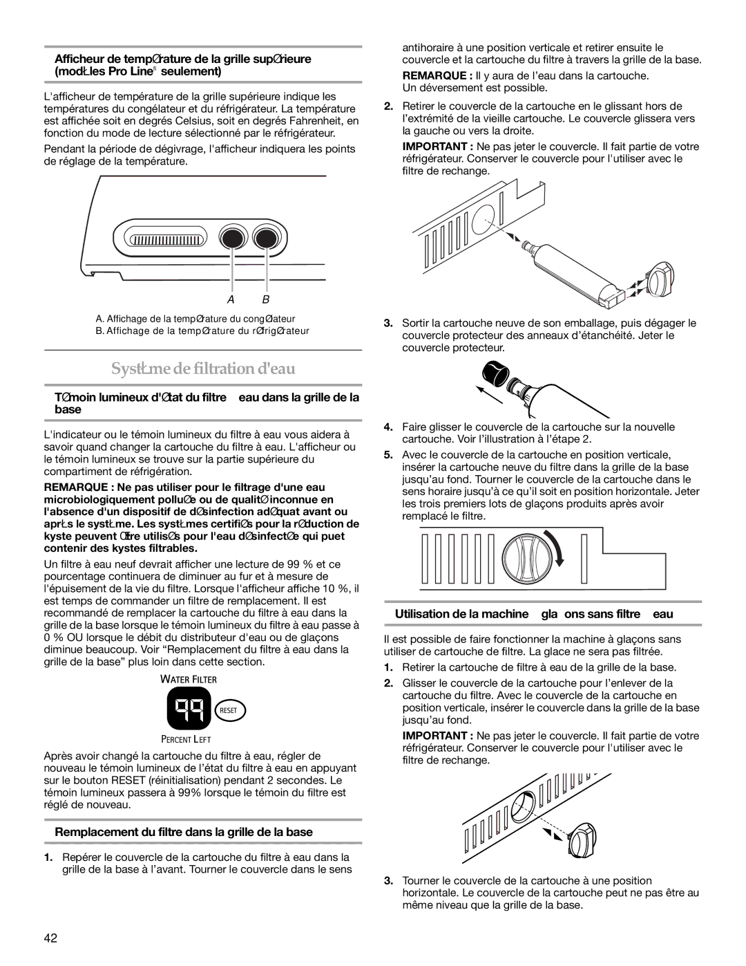 KitchenAid WF-LC400V manual Système de filtration deau, Remplacement du filtre dans la grille de la base 