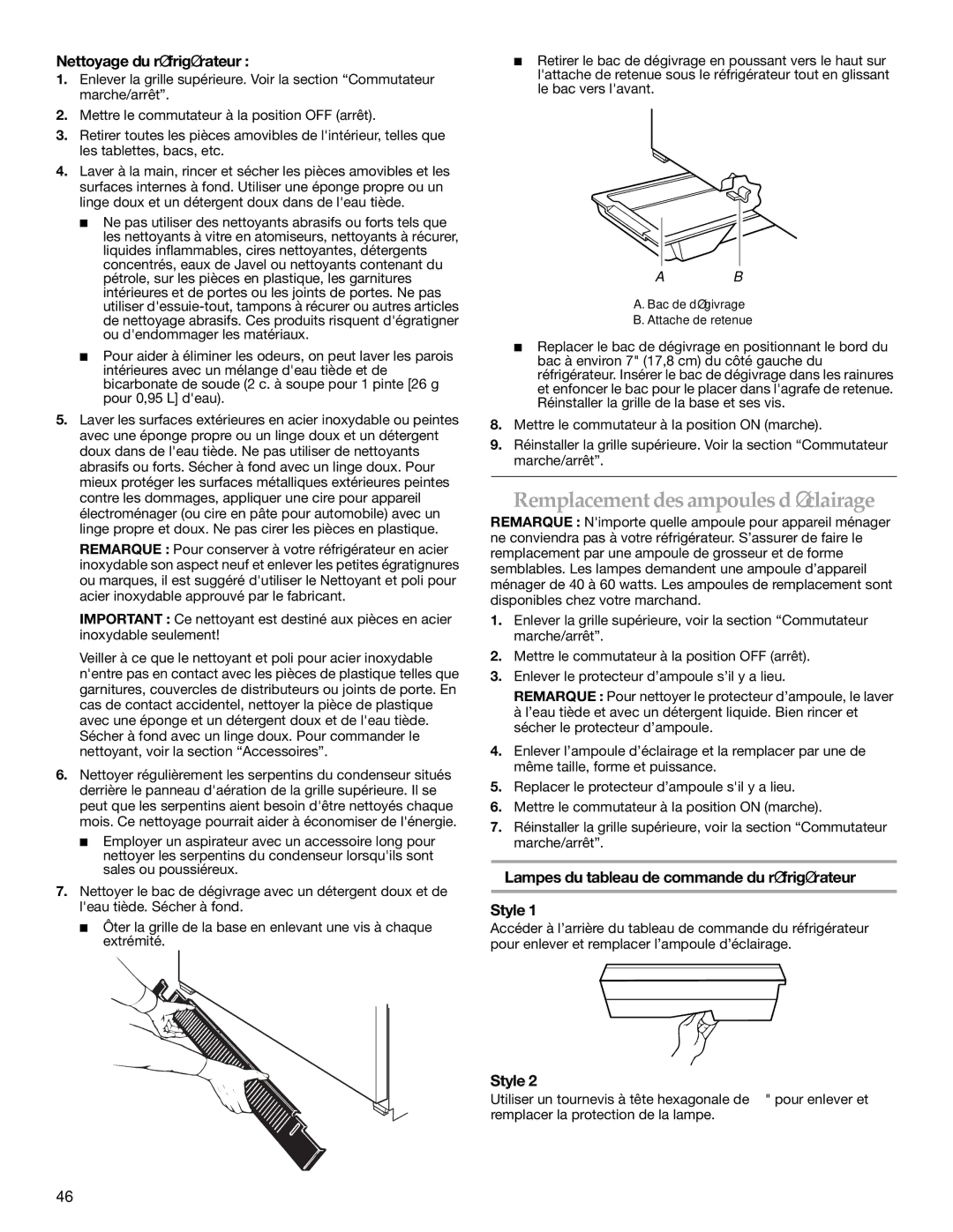 KitchenAid WF-LC400V manual Remplacement des ampoules d’éclairage, Nettoyage du réfrigérateur 