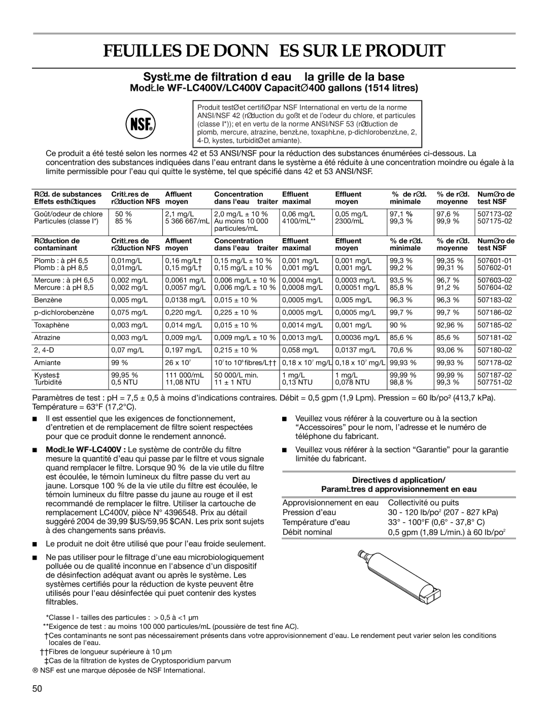 KitchenAid WF-LC400V manual Feuilles DE Données SUR LE Produit, Système de filtration d’eau à la grille de la base 