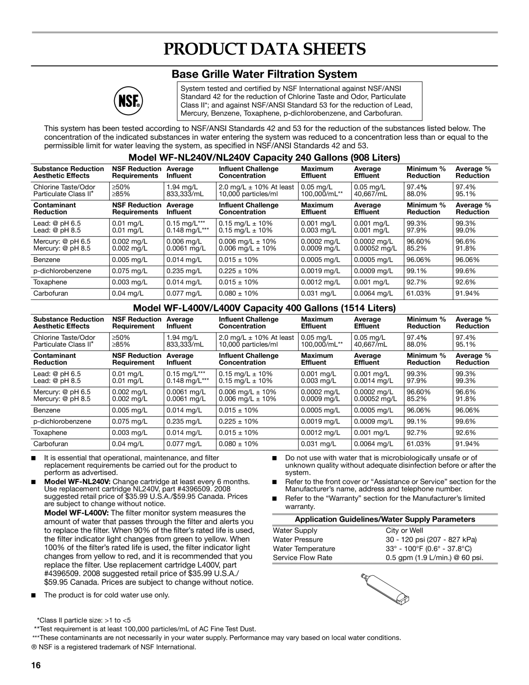 KitchenAid WF-NL240V installation instructions Product Data Sheets, Application Guidelines/Water Supply Parameters 