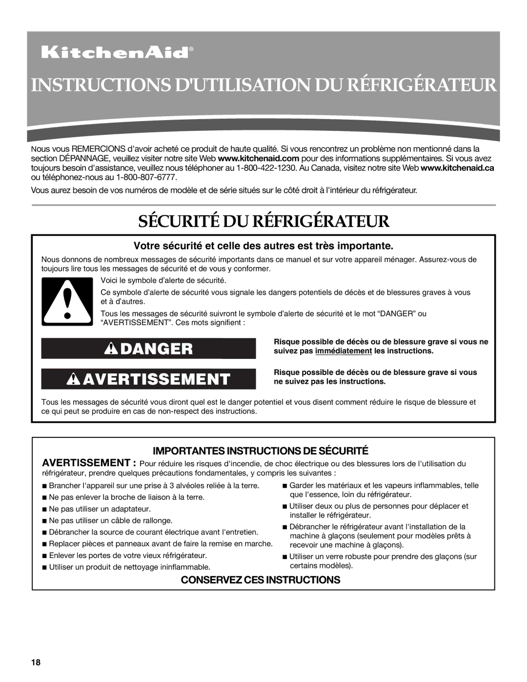 KitchenAid WF-NL240V installation instructions Instructions Dutilisation DU Réfrigérateur, Sécurité DU Réfrigérateur 