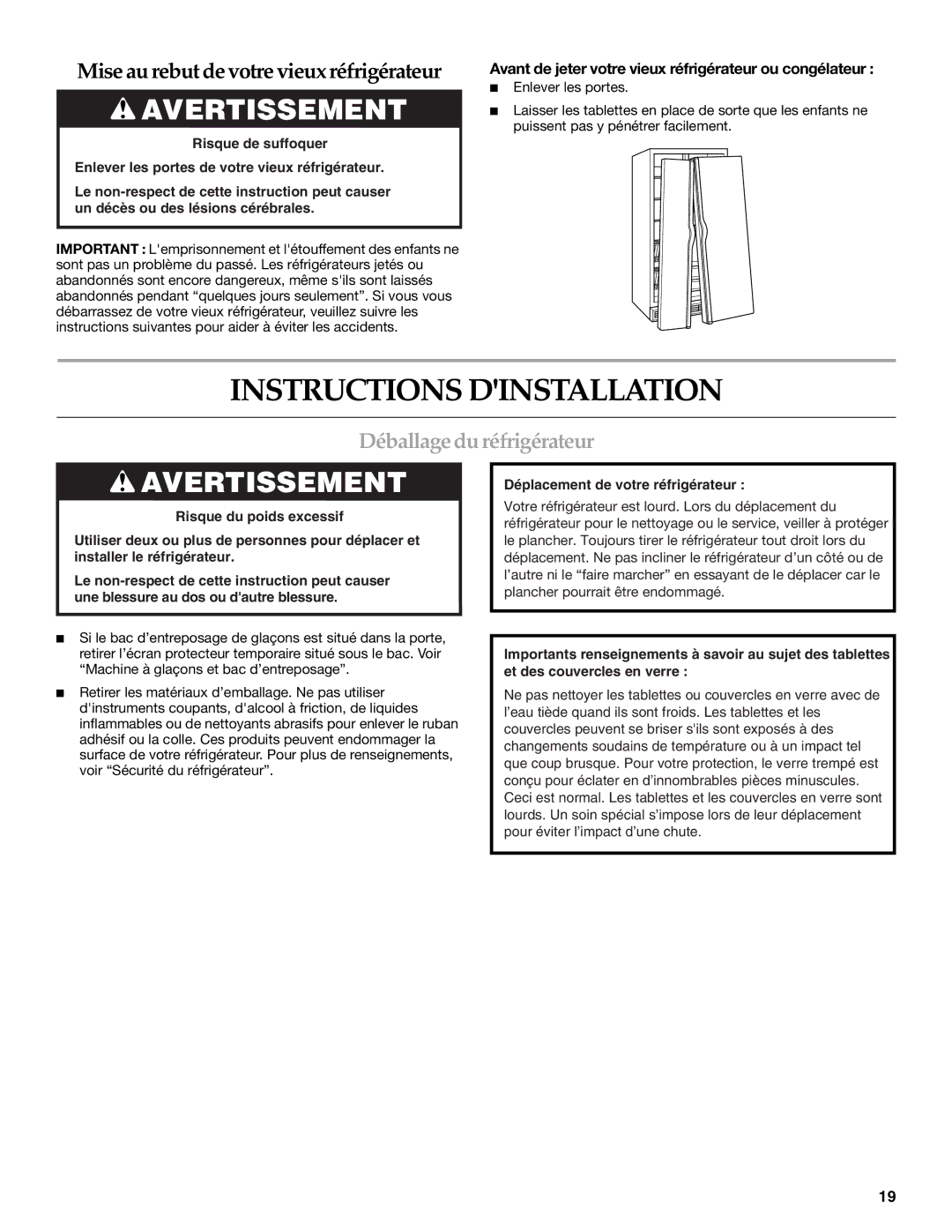 KitchenAid WF-NL240V installation instructions Instructions Dinstallation, Déballage du réfrigérateur 