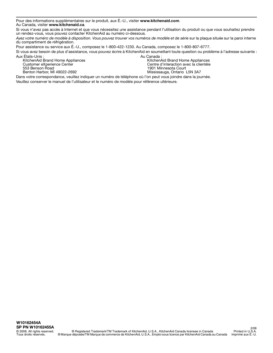 KitchenAid WF-NL240V installation instructions Benson Road Benton Harbor, MI Au Canada, W10162454A SP PN W10162455A 