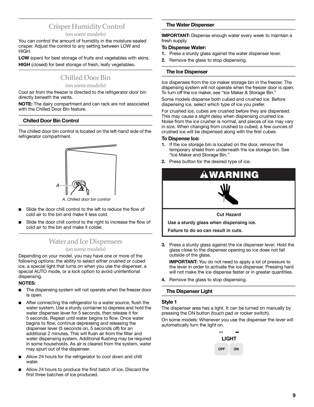 KitchenAid WF-NL240V installation instructions Crisper Humidity Control, Chilled Door Bin, Water and Ice Dispensers 