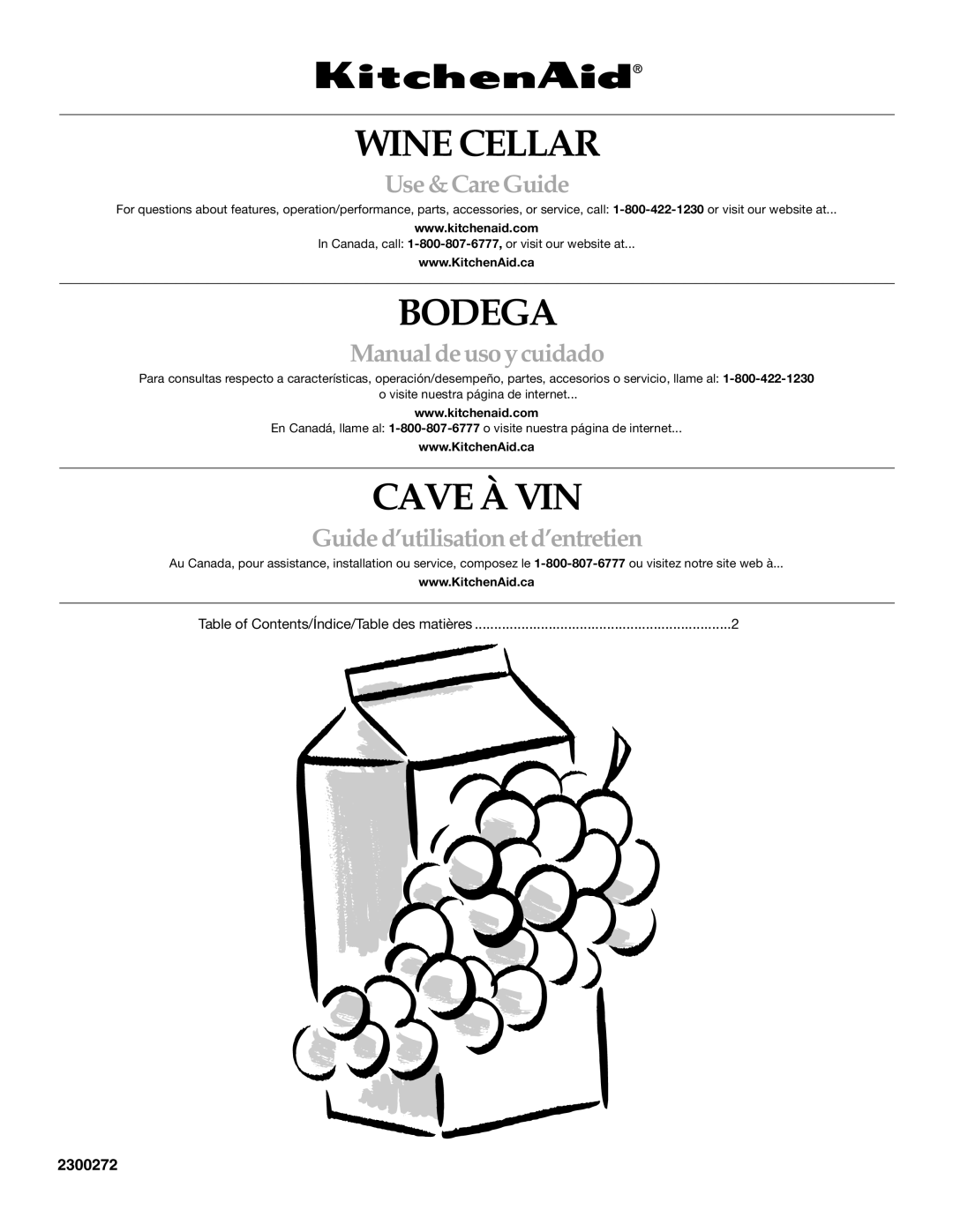 KitchenAid WINE CELLAR manual Wine Cellar, Table of Contents/Índice/Table des matières 