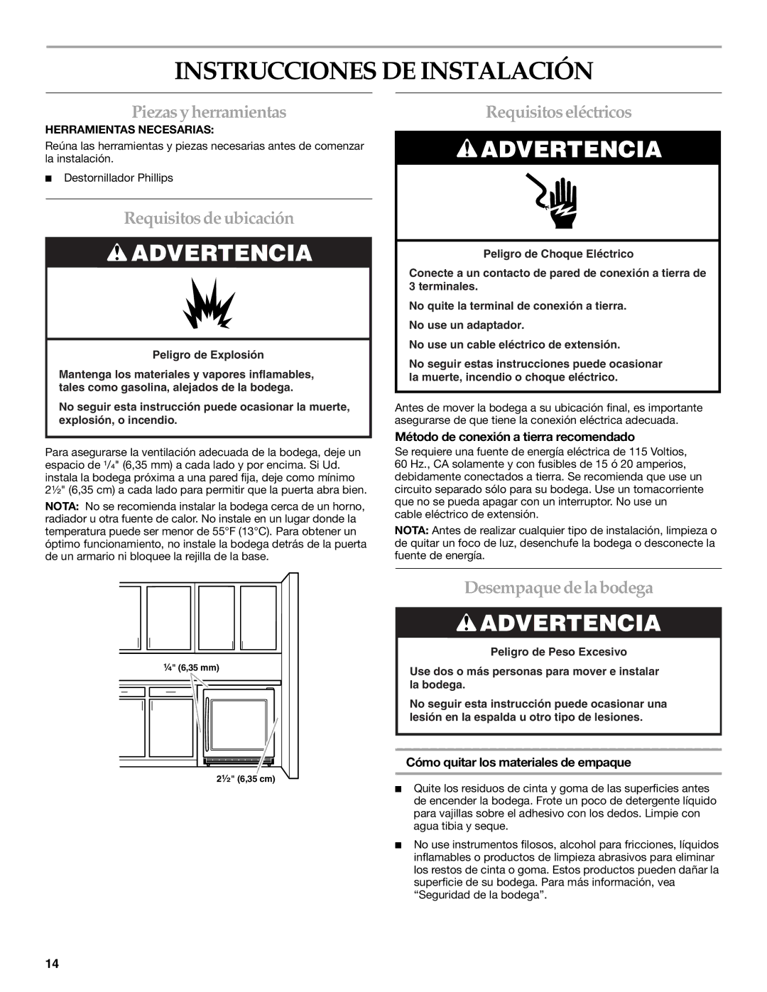 KitchenAid WINE CELLAR Instrucciones DE Instalación, Piezas y herramientas, Requisitosde ubicación, Requisitoseléctricos 