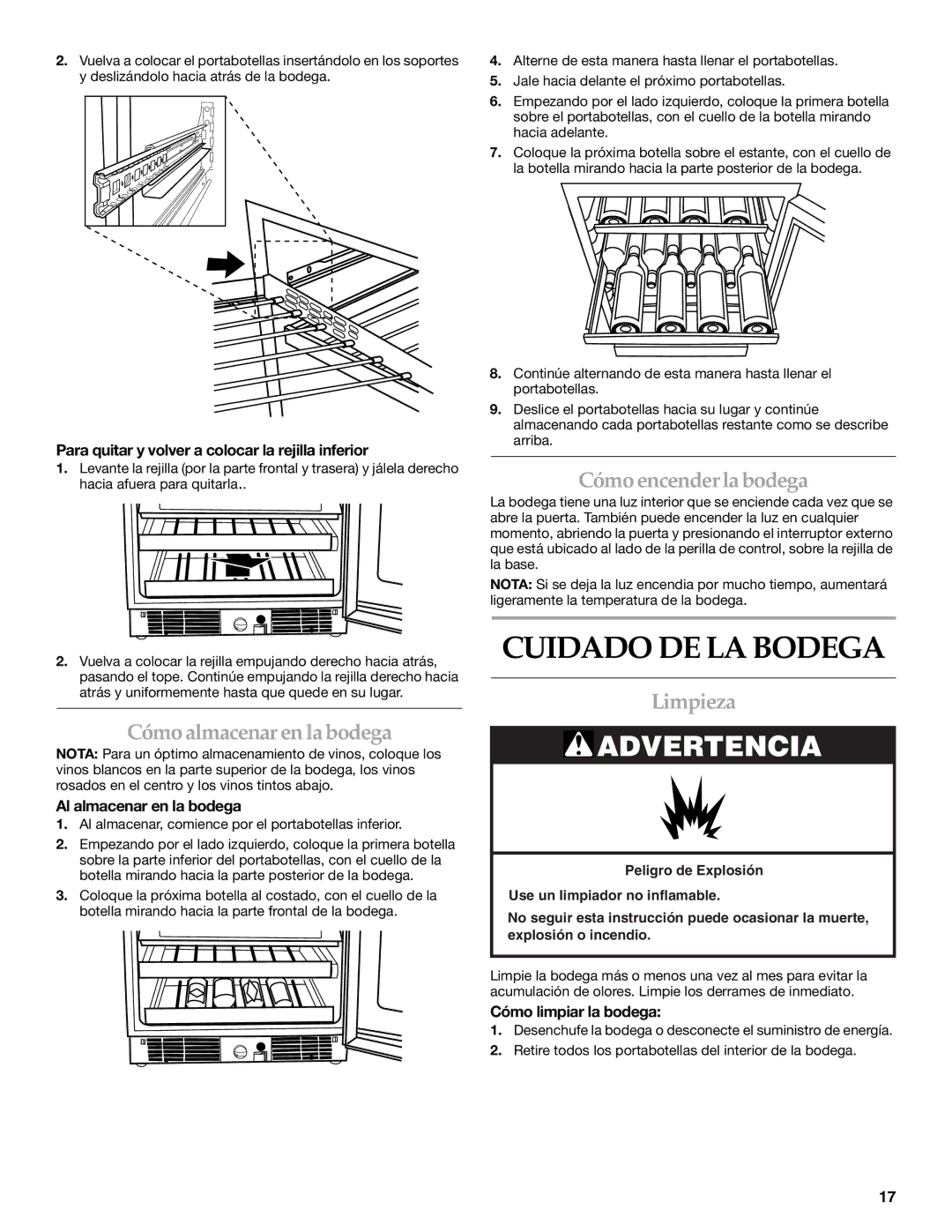 KitchenAid WINE CELLAR manual Cuidado DE LA Bodega, Cómo almacenar en la bodega, Cómo encender la bodega, Limpieza 