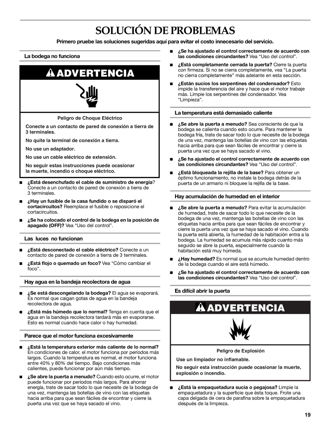 KitchenAid WINE CELLAR manual Solución DE Problemas 