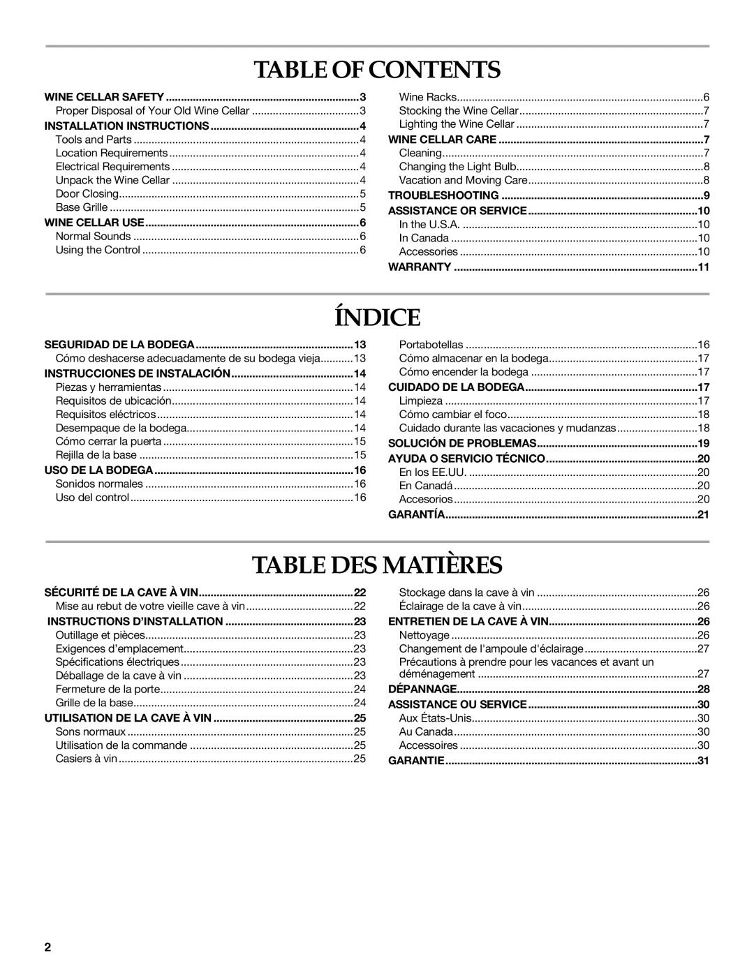 KitchenAid WINE CELLAR manual Table of Contents, Índice, Table DES Matières 