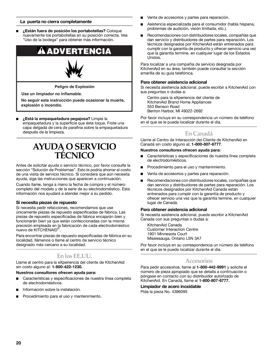 KitchenAid WINE CELLAR manual Ayuda O Servicio Técnico, En los EE.UU, En Canadá, Accesorios 