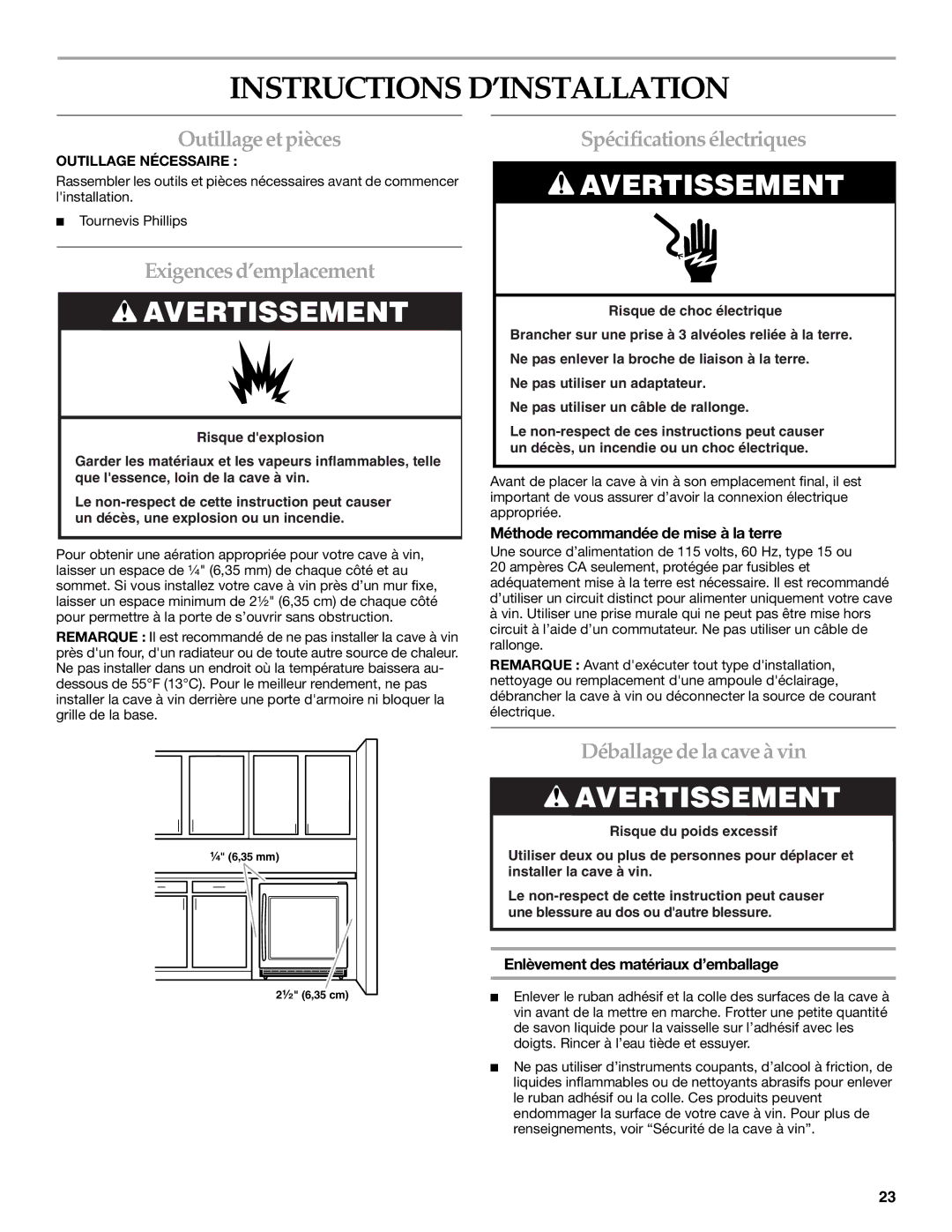 KitchenAid WINE CELLAR Instructions D’INSTALLATION, Outillage etpièces, Exigences d’emplacement, Spécificationsélectriques 