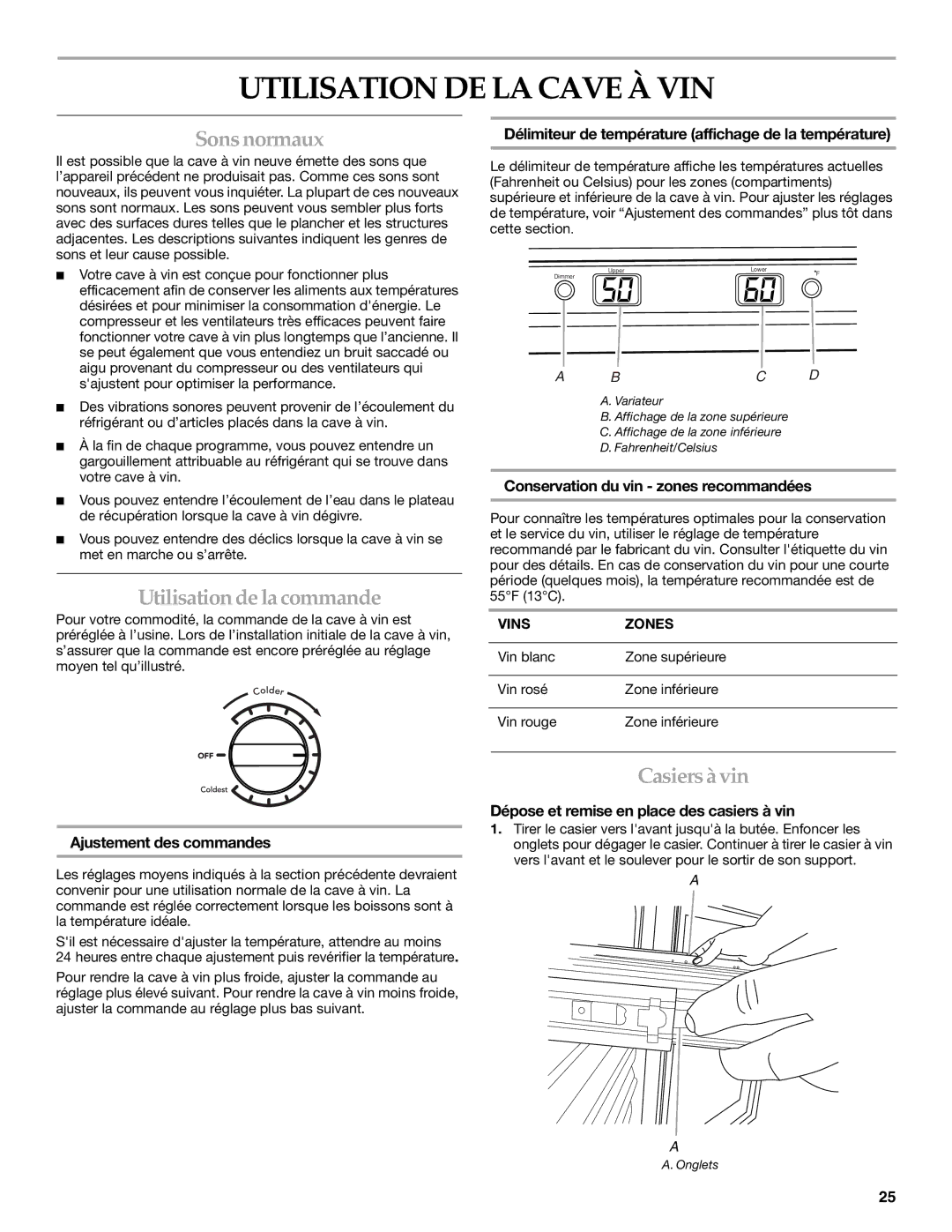 KitchenAid WINE CELLAR manual Utilisation DE LA Cave À VIN, Sonsnormaux, Utilisation de la commande, Casiersàvin 