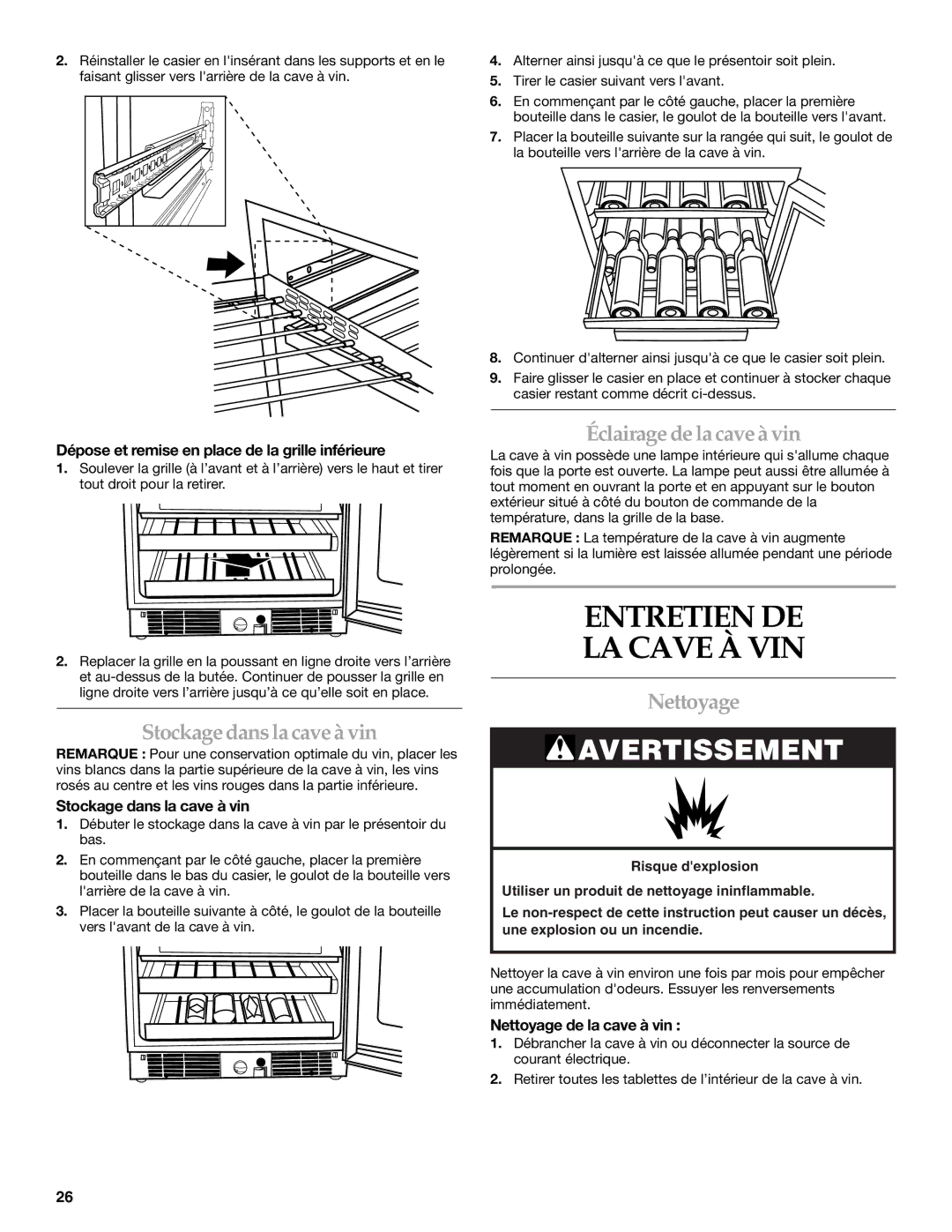 KitchenAid WINE CELLAR manual Entretien DE LA Cave À VIN, Stockagedanslacave à vin, Éclairage de la cave à vin, Nettoyage 