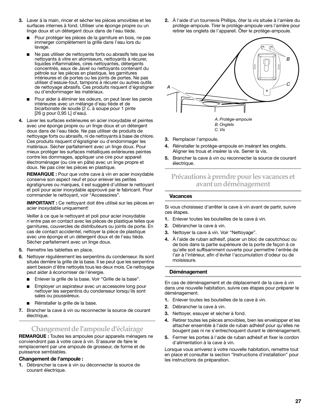 KitchenAid WINE CELLAR manual Changement de lampoule déclairage, Vacances, Déménagement 