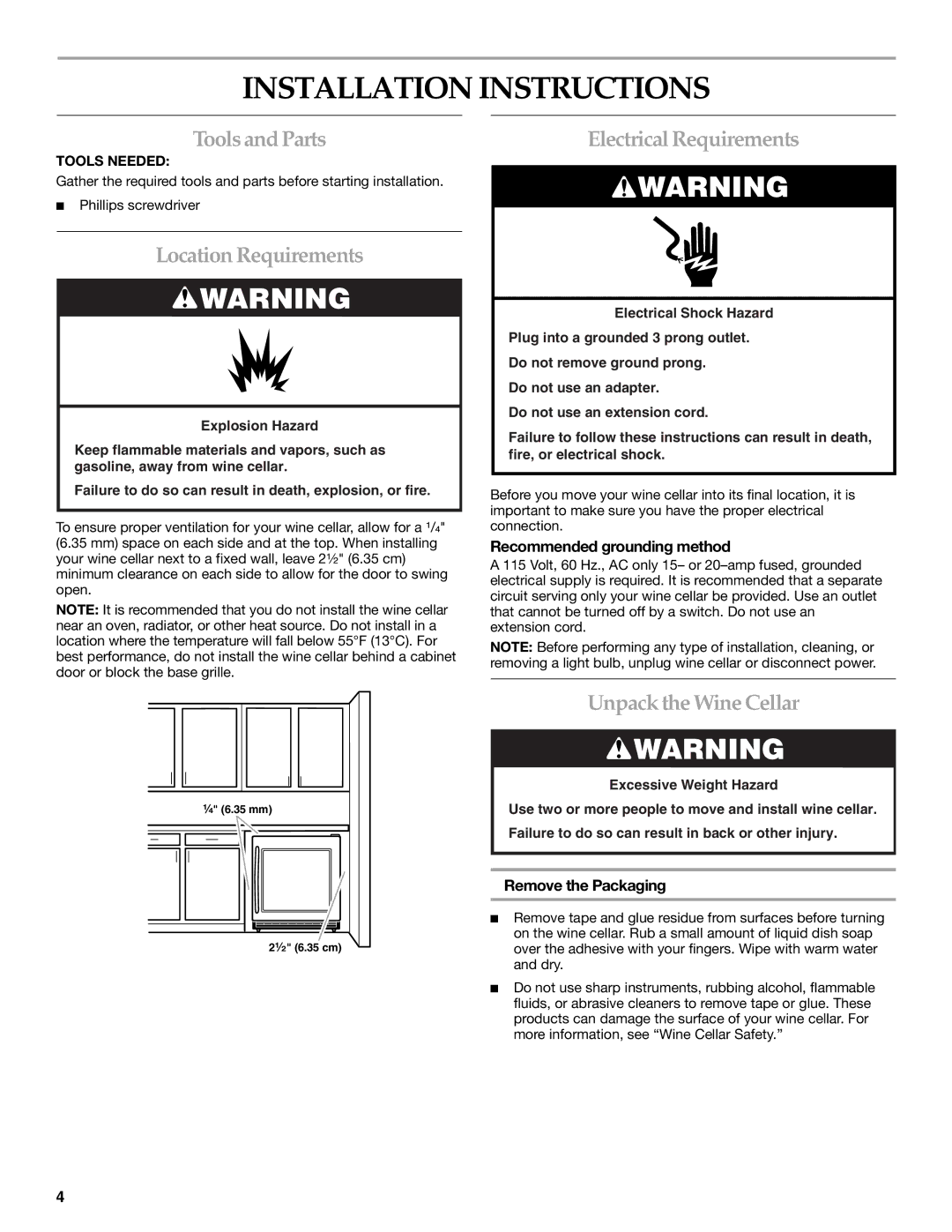 KitchenAid WINE CELLAR manual Installation Instructions, Toolsand Parts, Location Requirements, Electrical Requirements 