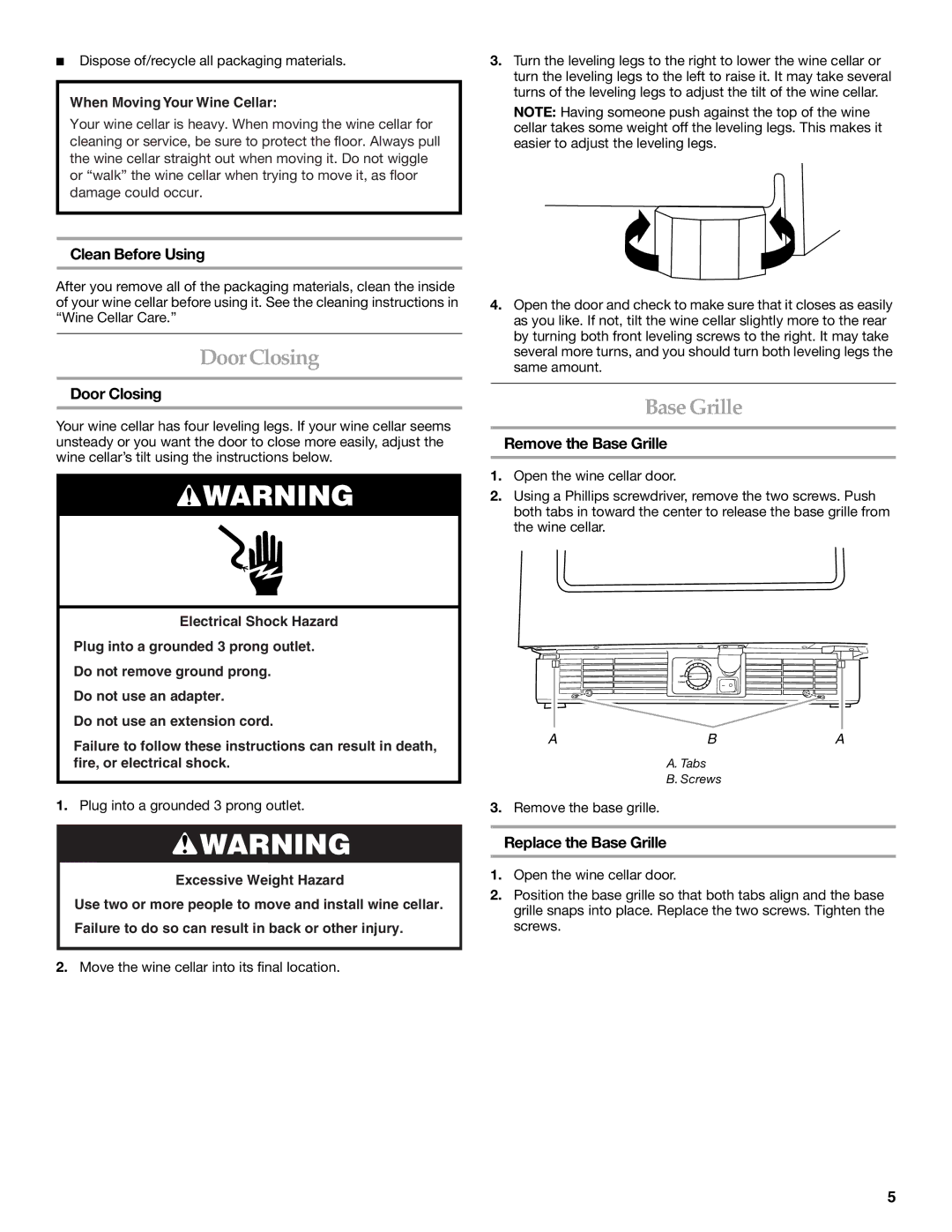 KitchenAid WINE CELLAR manual DoorClosing, Base Grille 