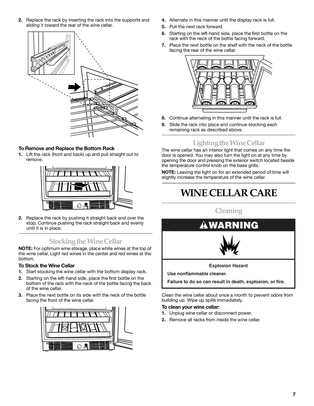 KitchenAid WINE CELLAR manual Wine Cellar Care, Stocking the Wine Cellar, Lightingthe Wine Cellar, Cleaning 