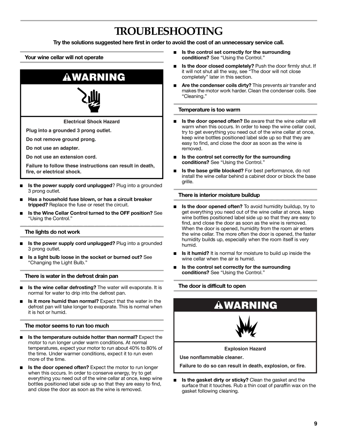 KitchenAid WINE CELLAR manual Troubleshooting 