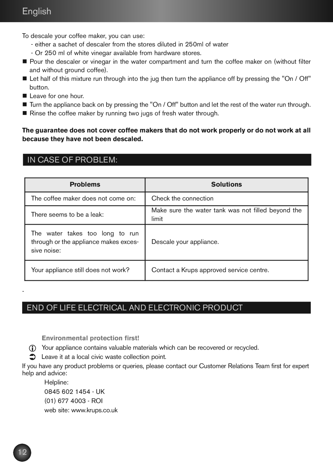 KitchenAid XP2240 manual Case of Problem, END of Life Electrical and Electronic Product, Problems Solutions 