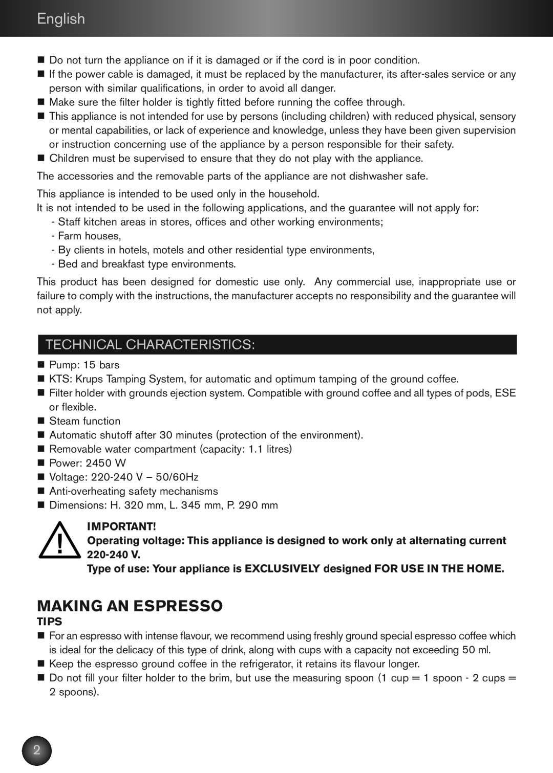 KitchenAid XP2240 manual English, Making AN Espresso, Technical Characteristics 