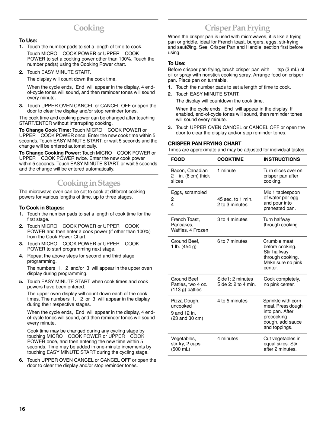 KitchenAid KBHC179, YKBHC109, YKEHC309 Cookingin Stages, CrisperPanFrying, To Cook in Stages, Crisper PAN Frying Chart 