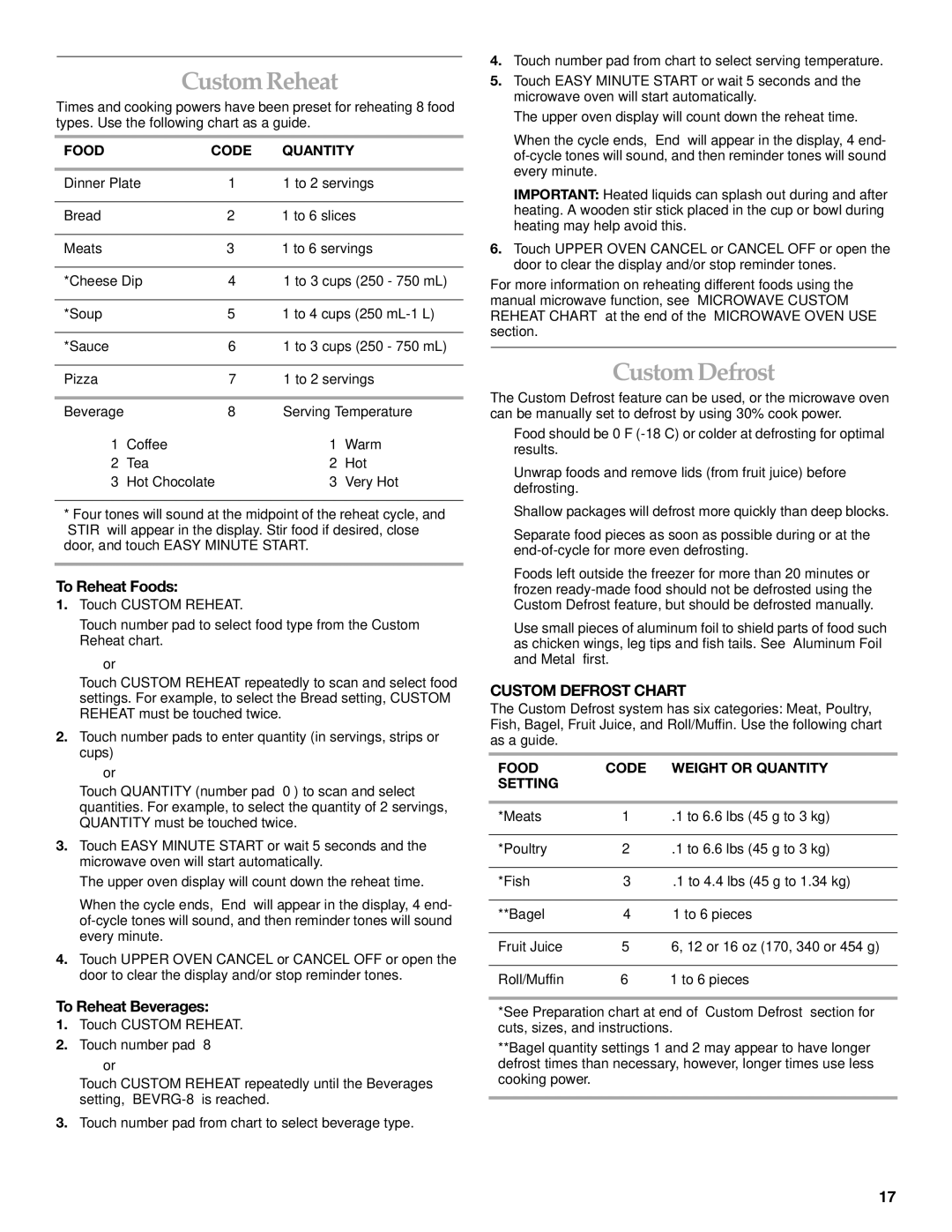 KitchenAid YKBHC109, YKEHC309, KEHC379 Custom Reheat, To Reheat Foods, To Reheat Beverages, Custom Defrost Chart 