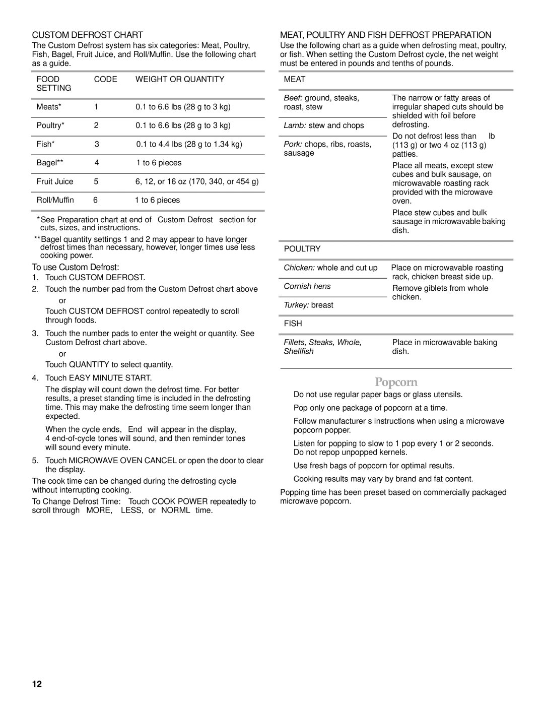 KitchenAid YKBMC14 manual Popcorn, Custom Defrost Chart, MEAT, Poultry and Fish Defrost Preparation, To use Custom Defrost 