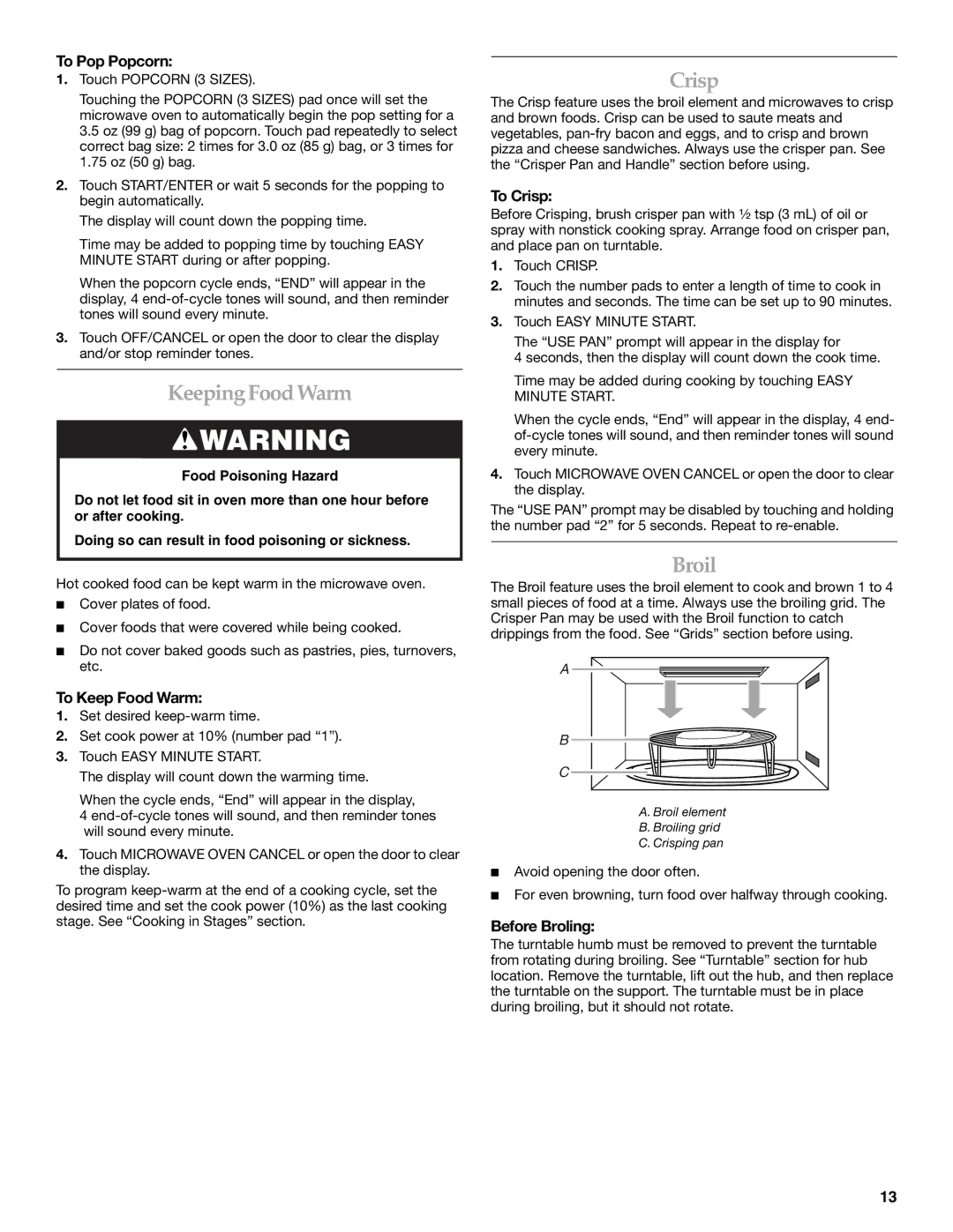 KitchenAid YKBMC14 manual KeepingFood Warm, Crisp, Broil 