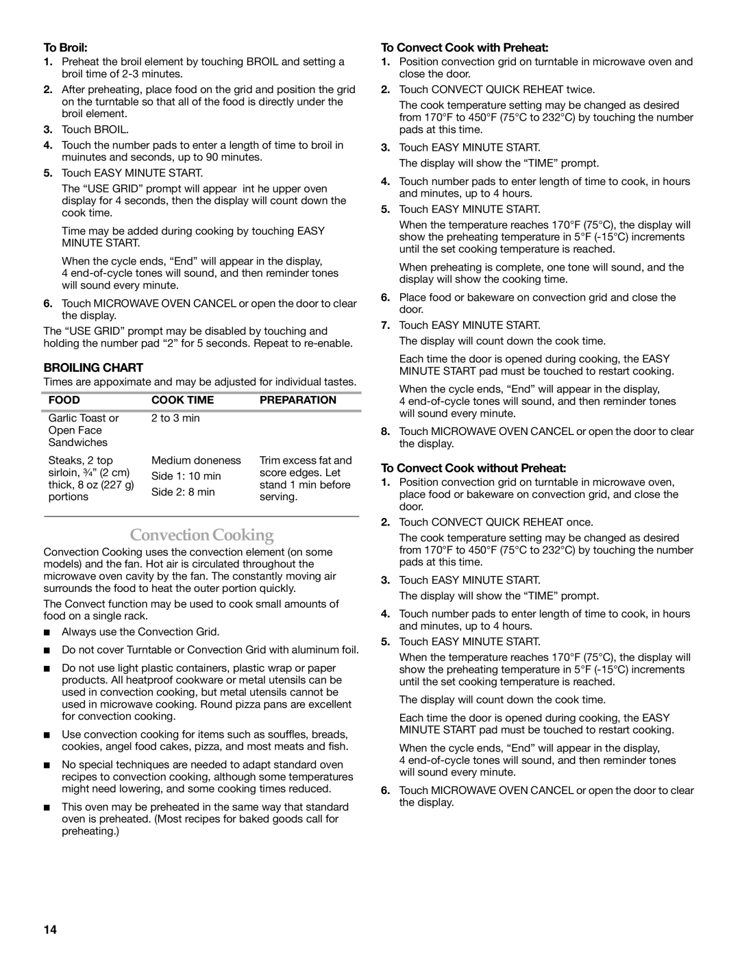 KitchenAid YKBMC14 manual Convection Cooking, To Broil, Broiling Chart, To Convect Cook with Preheat 