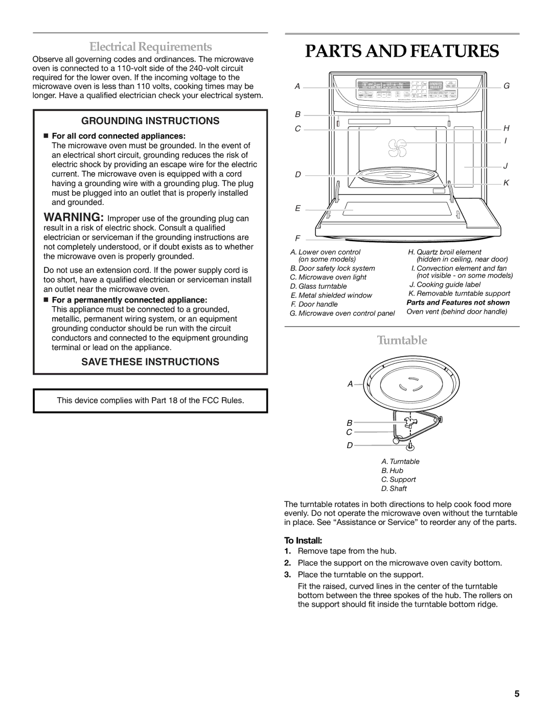 KitchenAid YKBMC14 manual Parts and Features, Electrical Requirements, Turntable, To Install 