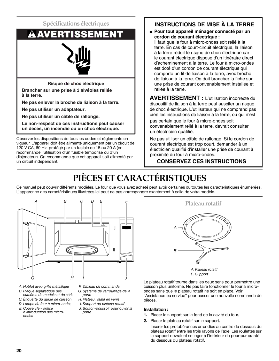 KitchenAid YKCMS1555R manual Pièces ET Caractéristiques, Spécifications électriques, Plateau rotatif, Installation 