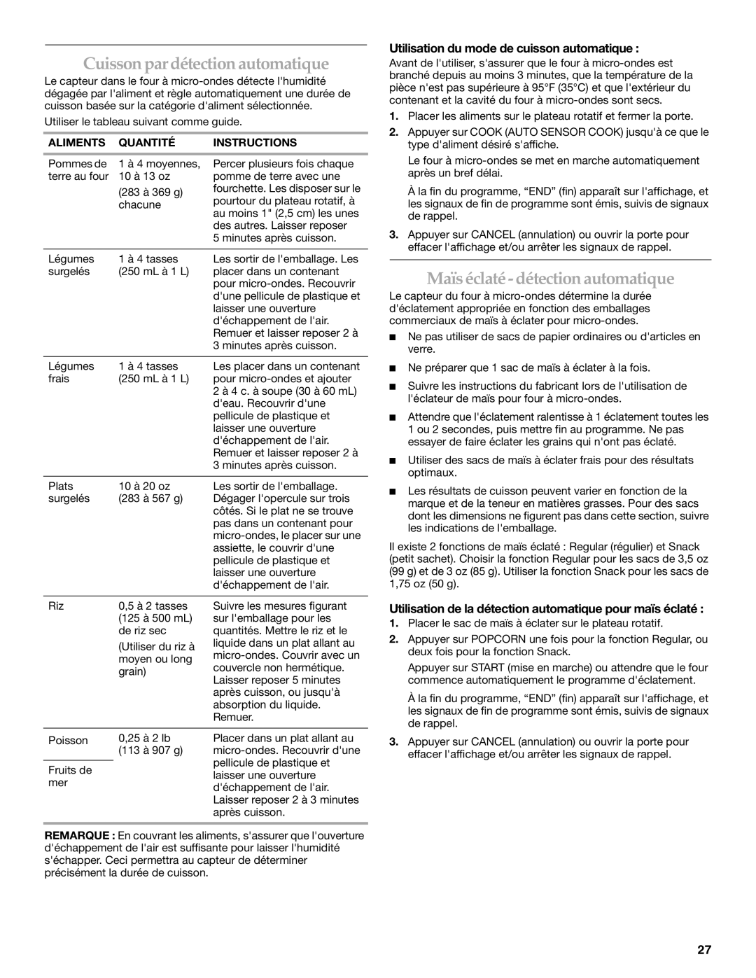 KitchenAid YKCMS1555R Cuisson par détection automatique, Maïs éclaté détection automatique, Aliments Quantité Instructions 