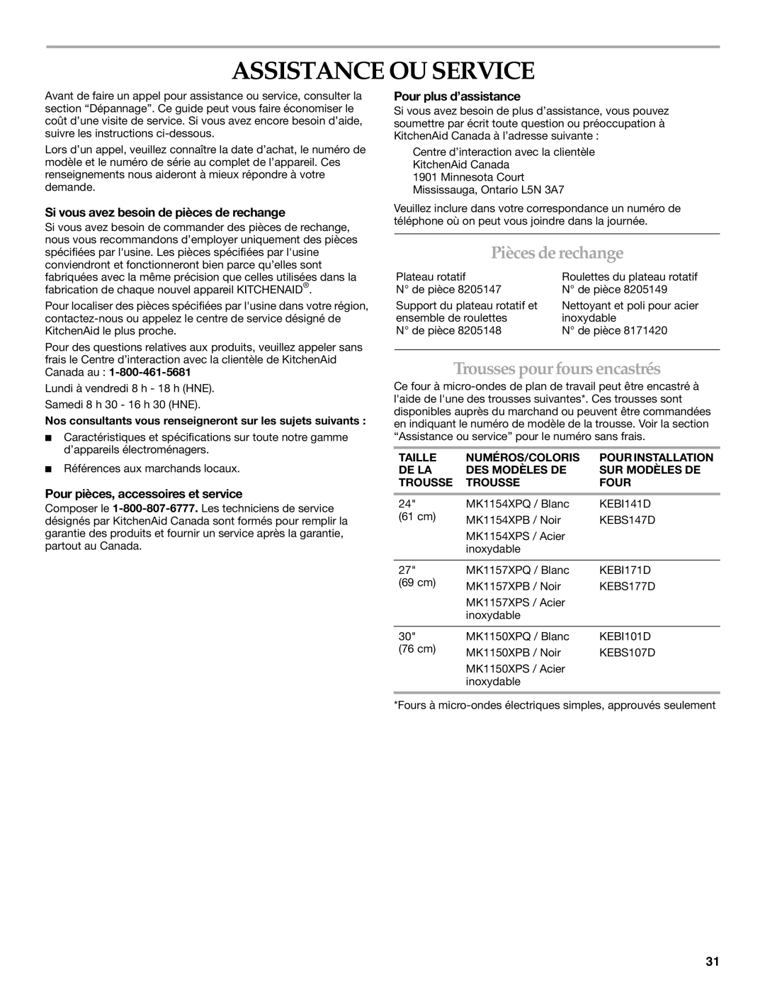 KitchenAid YKCMS1555R manual Assistance OU Service, Pièces de rechange, Trousses pour fours encastrés 