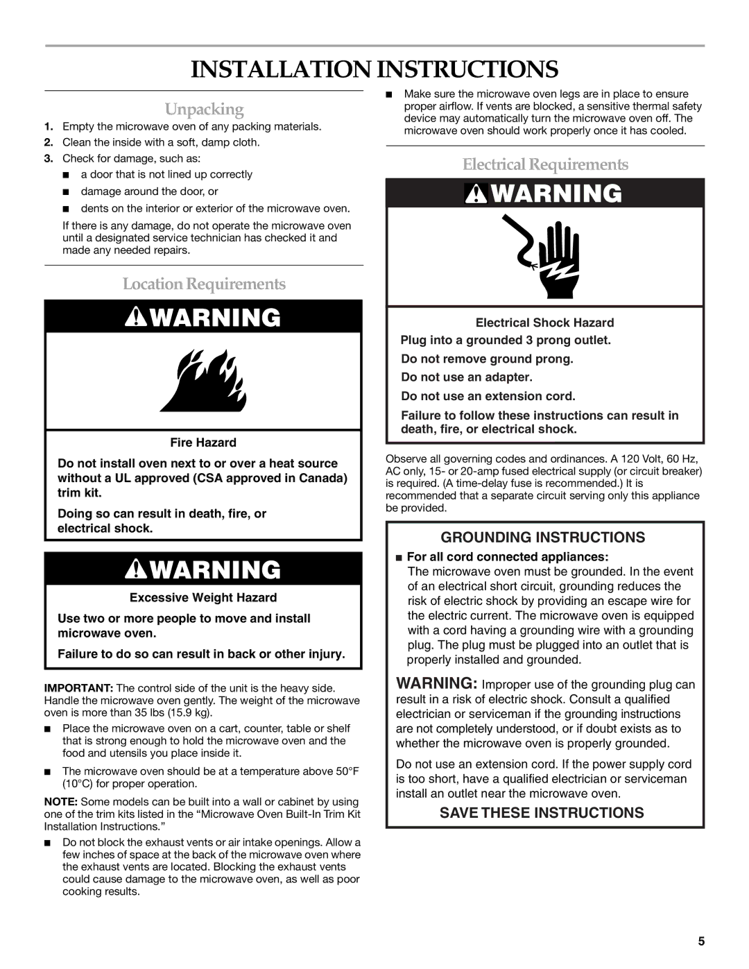 KitchenAid YKCMS1555R manual Installation Instructions, Unpacking, Location Requirements, Electrical Requirements 