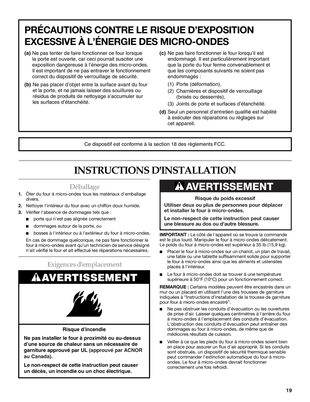 KitchenAid YKCMS1555R manual Instructions Dinstallation, Déballage, Exigences demplacement 