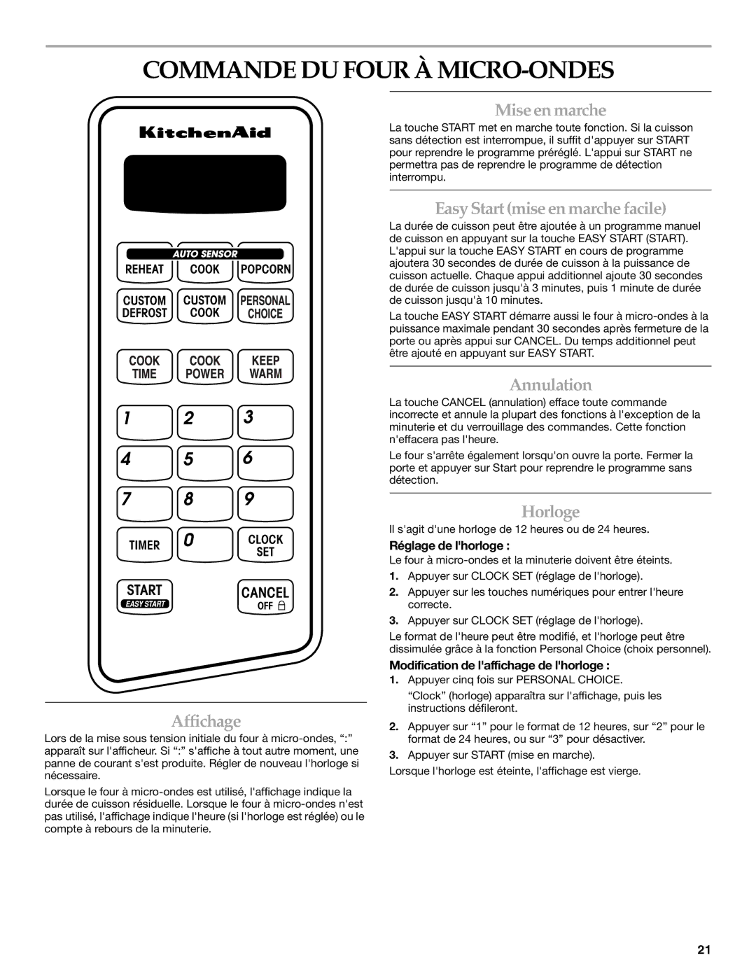 KitchenAid YKCMS1555R manual Commande DU Four À MICRO-ONDES 